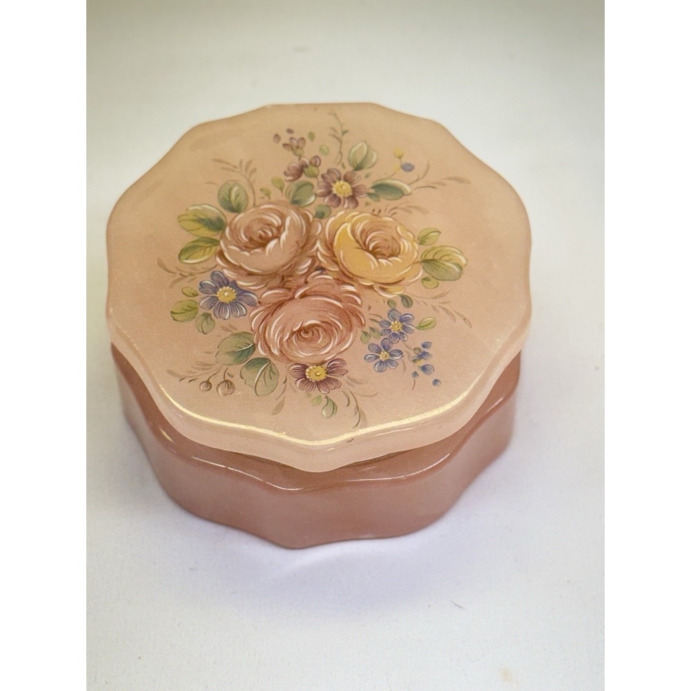 Vintage Pink Alabaster Stone Hinged Trinket Jewelry Box With Flowers Italy - Picture 4 of 9